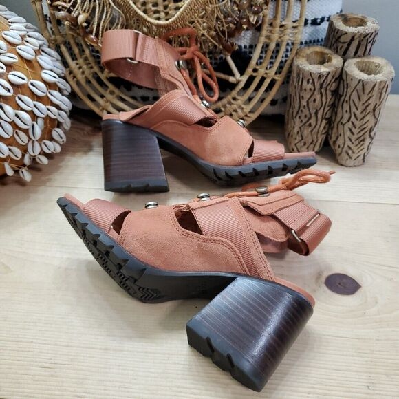 Sorel Nadia Womens 7 Teak Brown Suede Lace Up Sandals Shoes Block Heel - Picture 5 of 12
